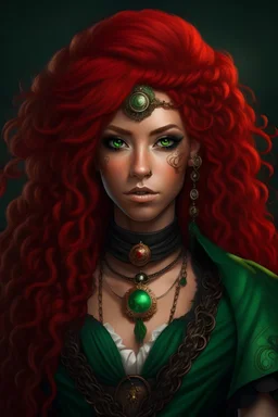 26-year-old mulatto sorceress, green eyes, wavy blood red hair, dressed in steampunk style