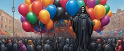 200 ft tall floating cartoonish jesus parade balloon pulled by multiple grim reapers, multi colored, bright, vivid, psychedelic, high detailed, high gloss, insanely detailed, matte, horrorcore, lining the street, unsettling contrast, monument to death, live action shot grim reaper parade, pulling a jesus parade float