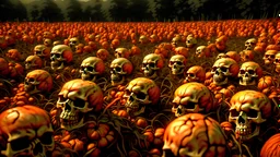 photorealistic, anatomically correct, various sizes, view of dozens of orange human skulls growing from a pumpkin vine in a large field, designed to look like a pumpkin patch, painted orange, growing off of a vine orange skulls, evil dead atmosphere, highly detailed, sharp focus, random two toned highlight, digital painting, artstaion, concept art, brooding, highly meticulous detail throughout image