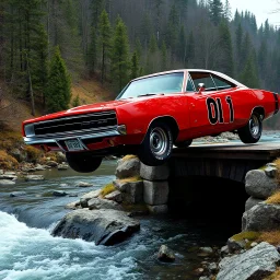 digital photograph, dramatic angle of dukes of hazard's 1969 red dodge charger with "01" on door jumping over a small river off a downed bridge