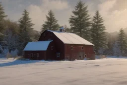 A barn in December, with snow on the ground