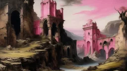 A blackish pink ruins in a canyon painted by Albrecht Durer