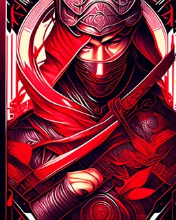 Ninja warrior centered | symmetrical | key visual | intricate | highly detailed | iconic | precise lineart | vibrant | comprehensive cinematic | alphonse mucha style illustration | very high resolution | sharp focus | poster | no watermarks red and silver color full body