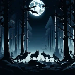 a moonlit clearing in the heart of a dark forest, where a pack of werewolves stand to perform a sacred ritual under the watchful gaze of the full moon, their howls echoing through the night.