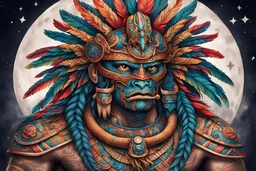 quetzalcoatl aztec warrior, TATTOO, With his impressive skills and high-flying maneuvers, he captivates the audience. detailed design with multicolored eyes and hair, and a background with stars. It is a symbol of his strength and warrior-like persona.