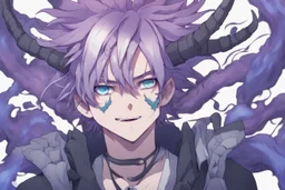 anime man with ram horns, fangs, messy purple hair and blue eyes