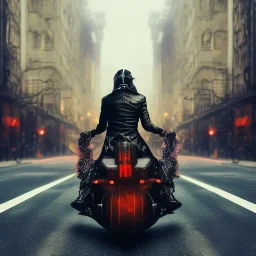 Fire head skeleton Rider wearing a black leather on black motorcycle in the middle of street rounded by high tower in a City