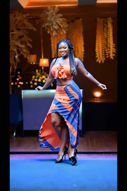 full body of very beautiful lady midi blue skirt and orange bluse , Braided hair ,standing idle happy pose in studio pretty makeup