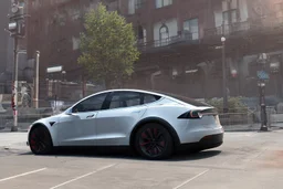 A Tesla 'Model Y' is parked, near the 'Pier 11' in Manhattan. (CINEMATIC, WIDE ANGLE LENS, PHOTO REAL)