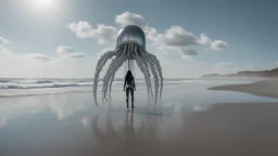 Wide-angle shot of a woman, standing to one side on a beach with huge waves, with dark hair in a silver robotic catsuit, many large Portuguese Man-of-War jellyfish floating high up in the air, masterpiece, best quality, super detailed