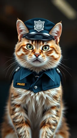 a cat wearing a police officer uniform , realistic , pro photography , high quality, and cinematic scene