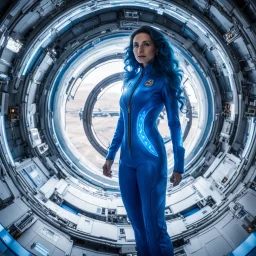 wide-angle photo of a tall thin woman in an electric blue suit, with long glowing blue wavy hair, on a space station with views into space