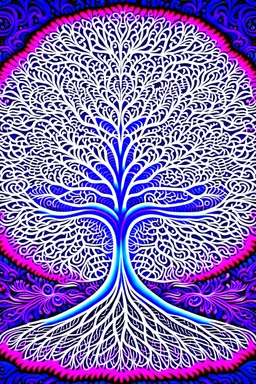 Tree of life; fractal art; optical art; m. c. escher; electric blue to pink to white gradient