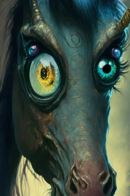 Demon Horse alien ,cute, big eyes, reflection in eyes, magical,whole body, Art by Norman Rockwell, digital art, trending on artstation, high contrast, deep color, magical, beautiful