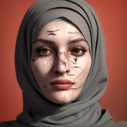 close up portrait of Sofia Buttela as woman in hijab, fine detail, highly intricate, modern surrealism painting, with scars on face , defined cracks and breaks, high-quality, volumetric lighting, 8k, ultrahd, George Grie, Marco Escobedo, Igor Morski,Brian Froud, Howard Lyon, Selina French,