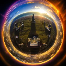 A pet cemetary , masterpiece, god lights,god rays,cianoscuro light,tilt,lens flare,spherical lens,fisheye 4mm focus