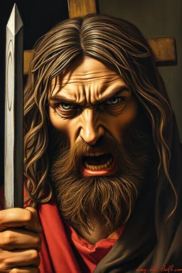 pin hole cam, master oil painting by Rembrandt, realistic rendering Portrait of the angry Jesus in the temple of thieves, airbrush and pen outline, in the style of Giger