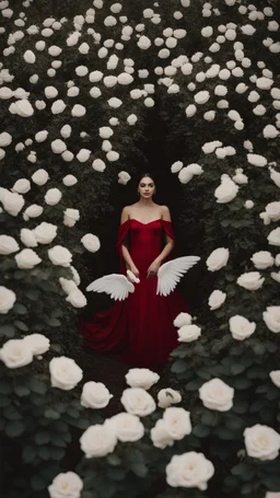 White wings, scissors, red dress in the middle of a field of white roses. Cinematic photo from above