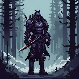 a dark hero charachter, wearing a dark mythic armour, sci fi weaponsied, with swords and guns, walking through cold and windy forest region, dramatic, retro pixel art style, head portrait, side