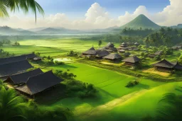 Beautiful Digital Painting art Indonesia village and islamic Mosque,surrounded rice paddy fields