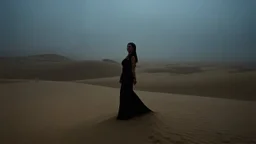 dark and mysterious, An expansive desert with rolling sand dunes, where the heat creates a surreal mirage effect, a single woman of Middle Eastern descent in a flowing dress, squinting into the distance., dark shadows and fog, blurred, neo-expressionism