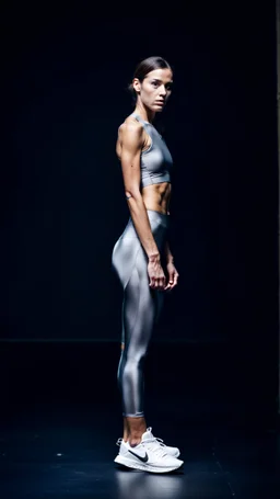 photography of a beautiful anorexic woman, grey satin triathlon top, brunette wavy bob haircut, flat chest, grey satin cycling leggins