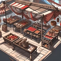 Generate an image of a market stall featuring hunting equipment such as bows, meat, animal hide, arrows and bolts., but without including the merchant. The perspective should be from above, artwork, painting, dnd