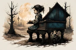 create a highly ethereal, darkly magical lithographic print illustration of a lonely orphan girl playing the piano , with highly detailed and deeply cut facial features, in the the style of JEAN-BAPTISTE MONGE, searing lines and forceful strokes, precisely drawn, boldly inked, and darkly colored