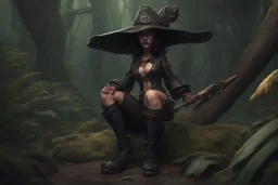 caricature, evil, dark arts, intricately painted, scariest female witch of the world, set in a jungle, (holding a machete:1.6), giant boots, punk, worn, bokeh, Low DOF, 16k, trending on artstation.