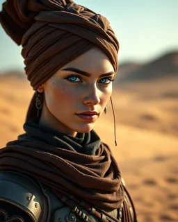 Dune Movie character ,fullbody stand on the desert Young Woman Warrior futuristic clothing turban,deep blue eyes in Dune Movie Character