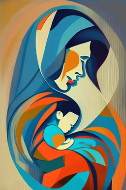 Mother holds her son , abstract style