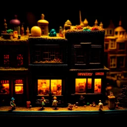 Close-up photograph of a diorama building, city, store, advertising, land-of-toys with detailed vintage toys made of cake-frosting and felt, strong texture, extreme detailed, movie shot, rich moody colors, sparkles, night, nightmare