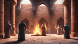 Hyper Realistic back-view of few men killing a man praying namaz with a sword in prehistoric-ancient-brick-mosque-with-ancient-islamic-architectural-patterns-crafted & flame-torches-on-wall showing dramatic & cinematic ambiance