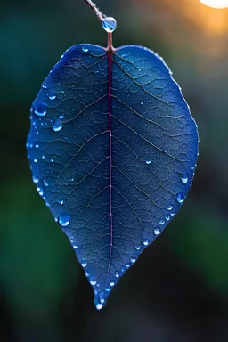 Morning Dew Serenity: Picture a delicate fluorescent glass blue glass leaf in heart form , in the early morning light, adorned with glistening dewdrops. Sharp focus . Iridescent colors with intricate details. The tranquility of the scene mirrors the quiet strength that comes from embracing stillness and finding inspiration in the simplest moments.