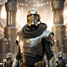 star wars bald male corellian pilot wearing pearlescent black and gunmetal grey First Order special forces heavy assault armor and helmet with gold trim inside the jedi temple, centered portrait, hyperdetailed, dynamic lighting, hyperdetailed background, 8k resolution, volumetric lighting, light skin, fully symmetric details