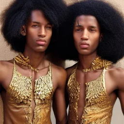 Twins only, black skin, tall and slender, long afro kinky hair,slanted almond shaped dark brown eyes, warrior wear. Gold accents,