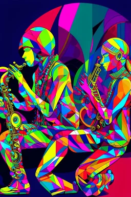 psychedelic saxophonist musicians with geometrical patterns and neon colors