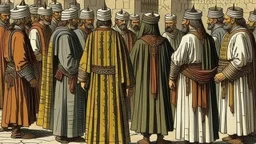 Rear view in 1490 of Andalusian men gathered around a commander in old Arab dress