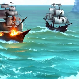 Two pirate ships fight each other at sea. Firing cannons. One ship is hit and burns after being hit.