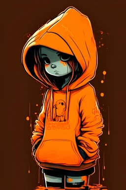 cute, high quality, doodle, a tiny girl with neon orange bif hoodie