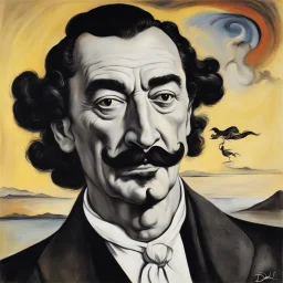 Salvador Dali a de longues moustaches, il a une immense toile barbouillée derrière lui figurant une tragédie érotique de Corneille