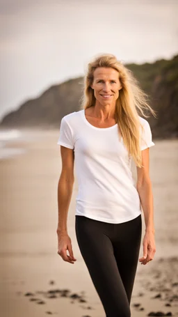 anorexic beautiful woman, age 30, total shot, black capri leggins, white t-shirt, blonde surfer hair, blurred beach background