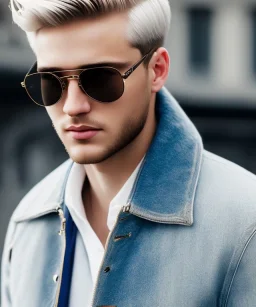 Young attractive male, blonde hair, slight beard, clear glasses, cinematic, depth of field, blue eyes, leather jacket