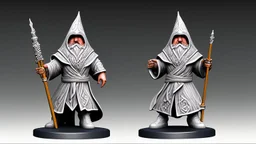 white beard hooded sorcerer raised staff before the castle