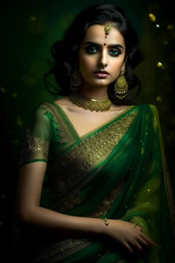 A stunningly enchanting woman with dark green eyes, draped in a shimmery green chiffon saree adorned with sparkling golden yellow sequins forming intricate floral patterns. The image is a photograph capturing the luxurious elegance and beauty of the subject. Every detail shines with a luminous allure, showcasing the impeccable craftsmanship and opulent design of the attire. The overall aesthetic exudes a sense of enchantment and sophistication, making it a truly mesmerizing piece of art.