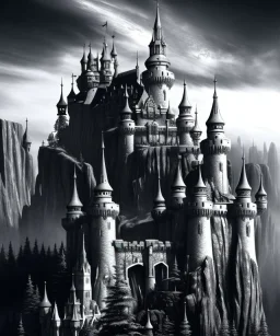 A large dark castle sitting on a cliffs edge ,black and white, horror