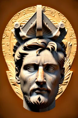 Ultra Realistic image, Roman sculpture, white marble material, Lionel Messi, gold Laurel leaves wreath, renaissance ornaments, one gold star in heart, sun ornament, sun rays background, chisel style, waist up portrait, emperor style, epic, celestial, cinematic lighting, God light, god rays, 4k resolution, smooth details, ornate details, soft lighting, unreal engine 5, art station, substance 3d.