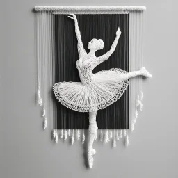 2d yarn and string art, minimalism, ballerina in arabesque pose made entirely out of white string, dark negative space, extreme contrast, concept art, stunning, dramatic, filigree, intricate details, string textures, strands of string hanging down from to on frame