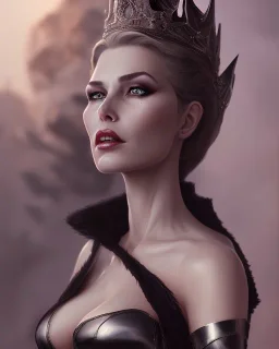 old evil queen in black leather gown, femme fatale, volouptous, busty, cleavage, angry, emperious, 8k resolution concept art portrait by Greg Rutkowski,