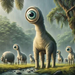 far in the distance five very big cute-crepy weird creatures stand on four legs with one giant eye , without ears , with big cow udders between their legs, peacefully grazing the grass, in the background there is a jungle, rain, realistic, detailed, sci-fi, fantasy, cinematic